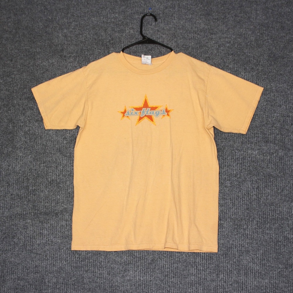 VTG Six Flags Graphic T Shirt Adult Mens L Orange Short‎ Sleeve Theme Park Tee